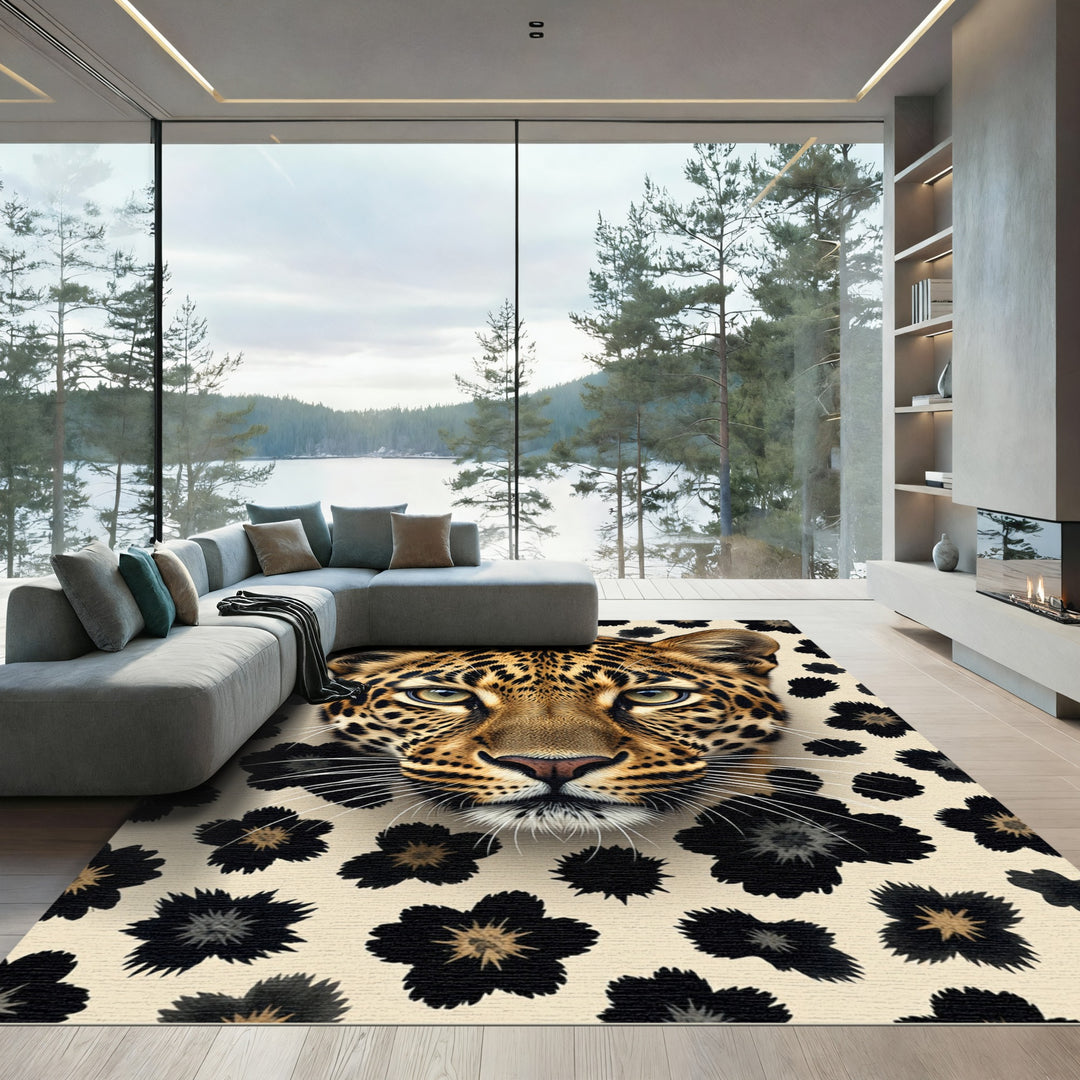 Leopard Face With Black Floral Accents Rug