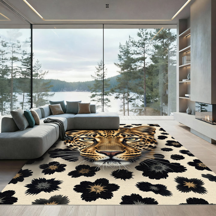 Leopard Face With Black Floral Accents Rug