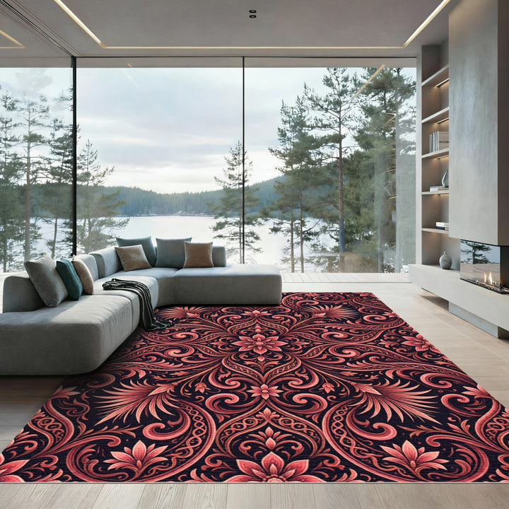 Crimson Floral Scrollwork Rug