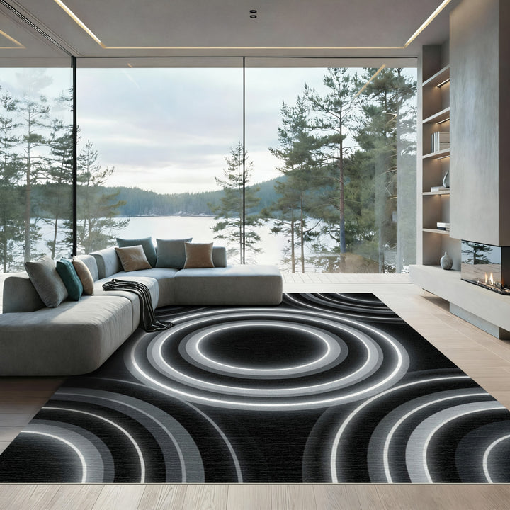 Glowing White Concentric Circles Rug
