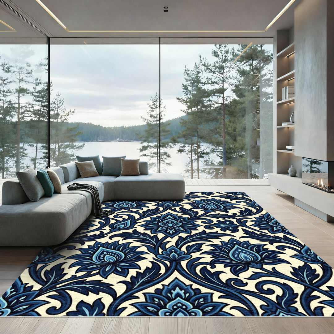 Deep Indigo Scrolling Floral Rug