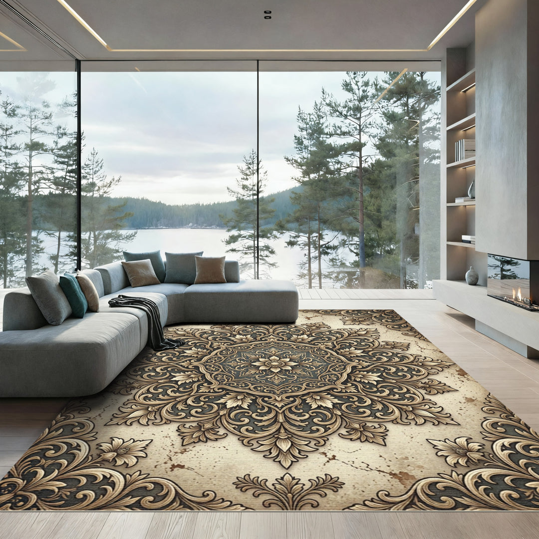 Luxurious Golden Floral Medallion Rug