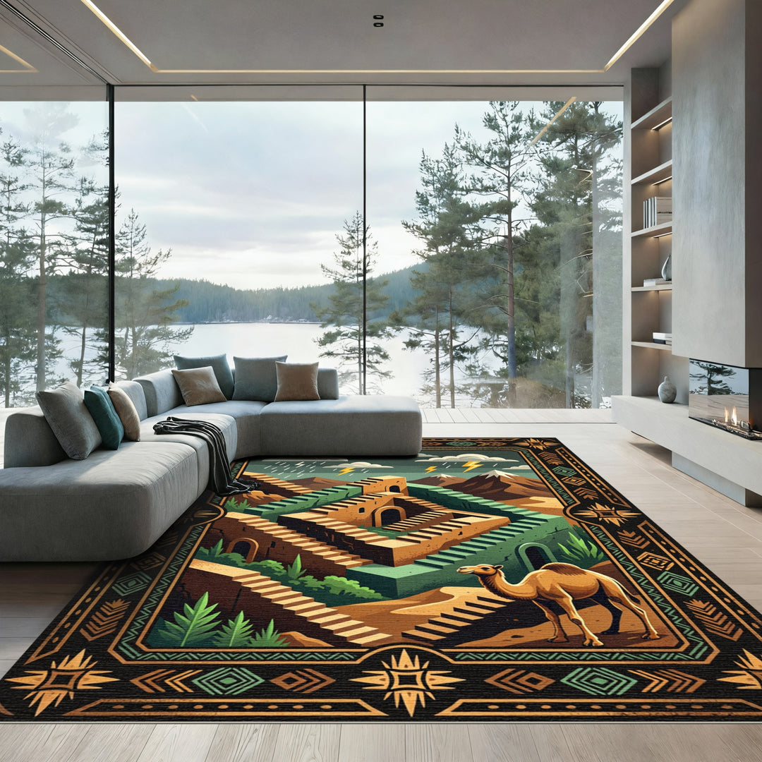 Desert Camel Labyrinth Staircase Sky Storm Rug