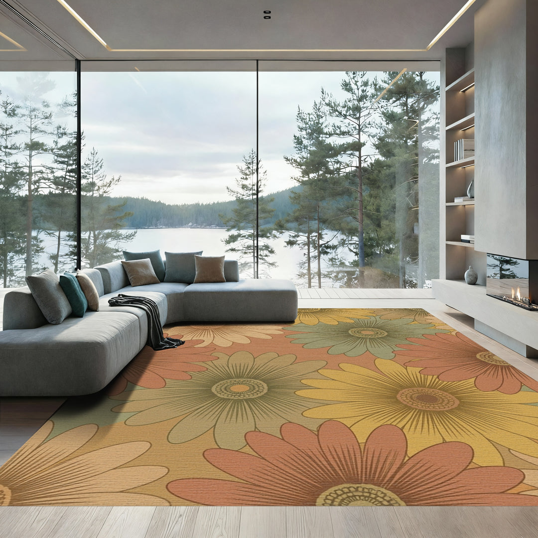 Retro Terracotta Daisy Floral Field Rug