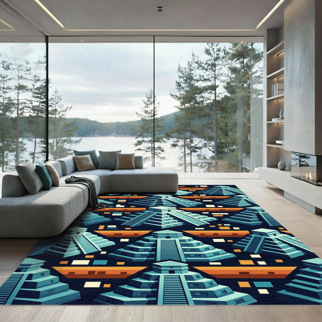 Ancient Blue Temple Geo Pattern Rug