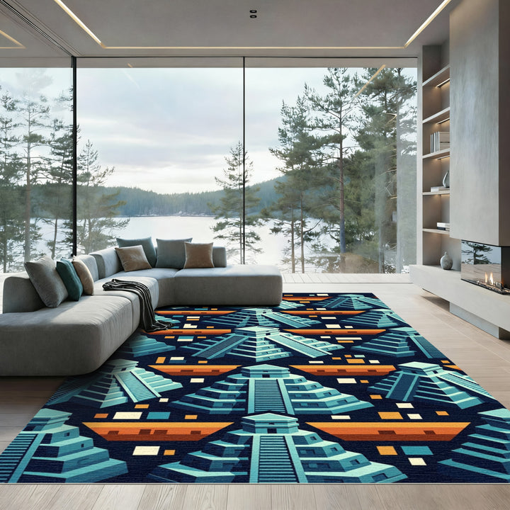 Ancient Blue Temple Geo Pattern Rug
