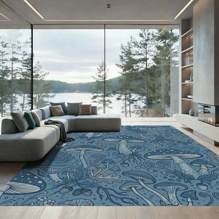 Dark Blue Forest Mushroom Meadow Rug