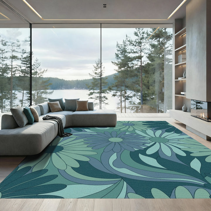 Retro Blue Green Floral Swirl Rug