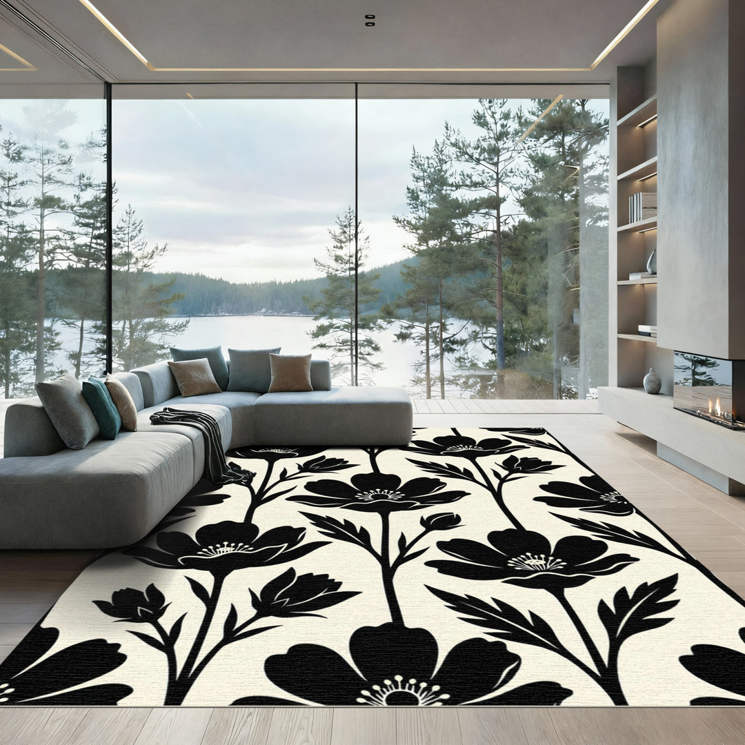Black Poppy Floral Arrangement Rug