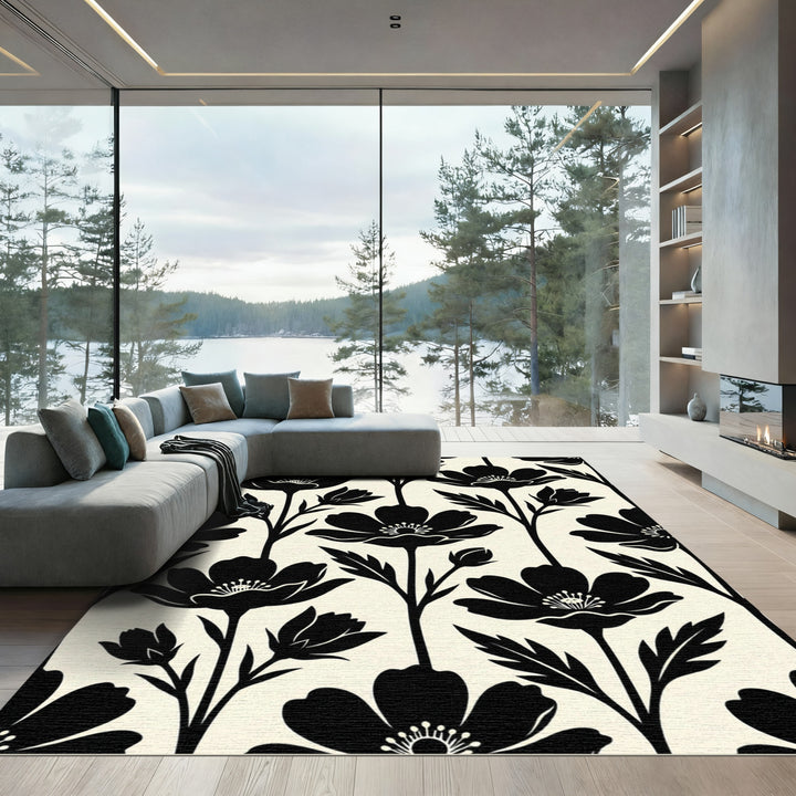 Black Poppy Floral Arrangement Rug