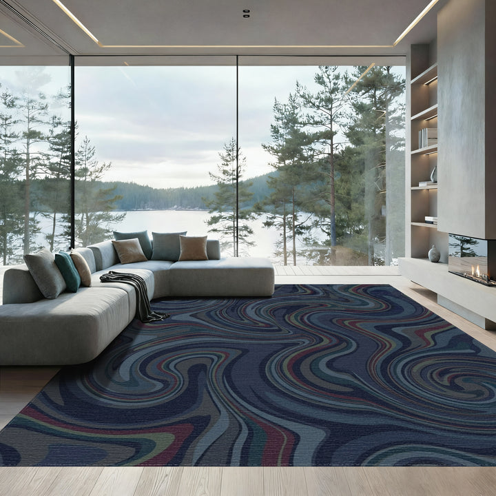 Deep Blue Swirls Marble Effect Rug