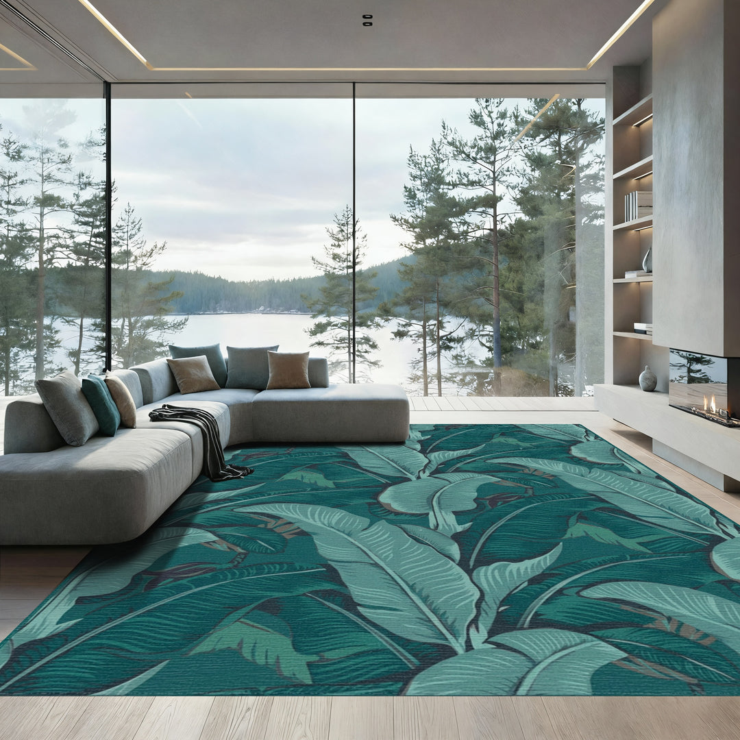 Deep Teal Botanical Banana Leaf Rug