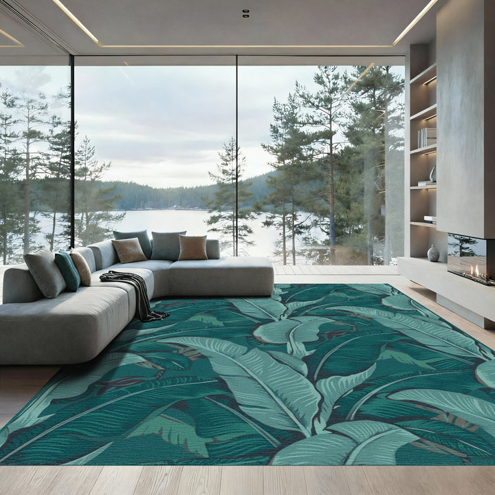 Deep Teal Botanical Banana Leaf Rug