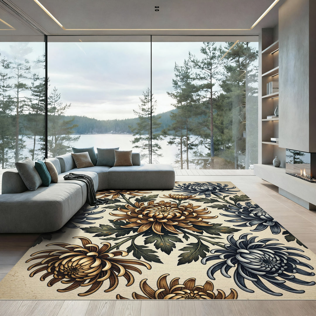 Golden Blue Chrysanthemum Floral Meadow Rug