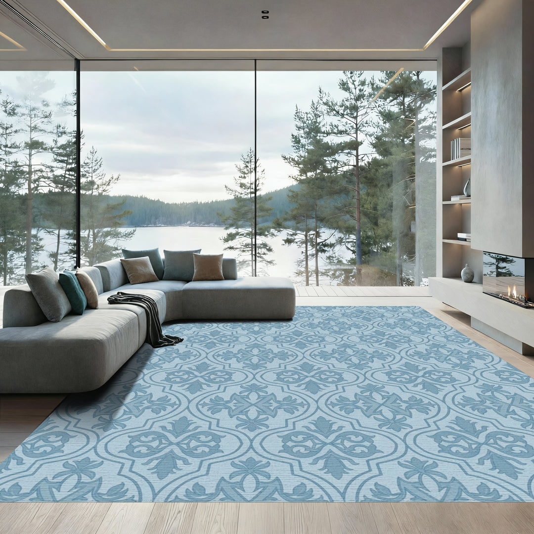 Light Blue Quatrefoil Medallion Weave Rug