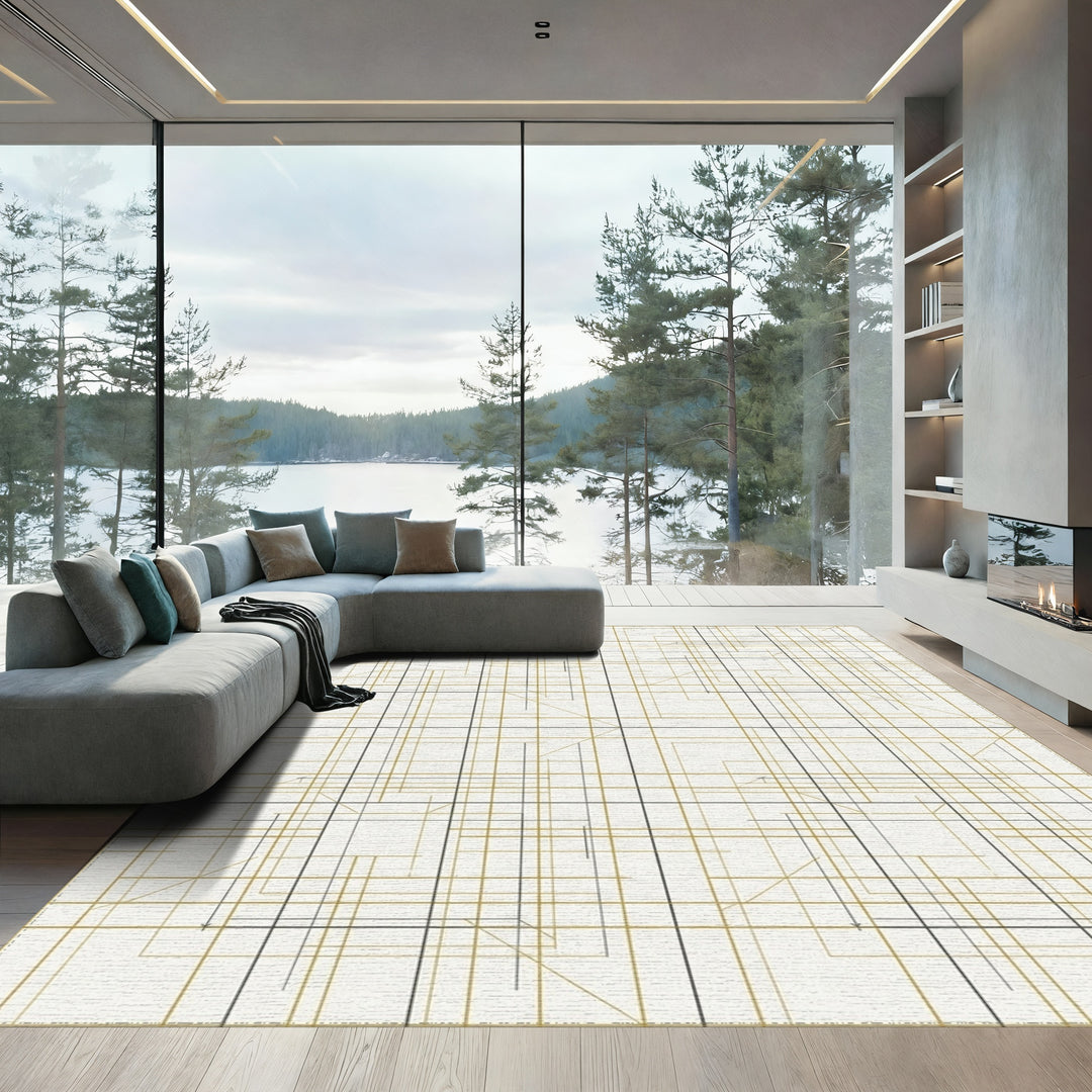 Geometric Gold And Black Network Rug