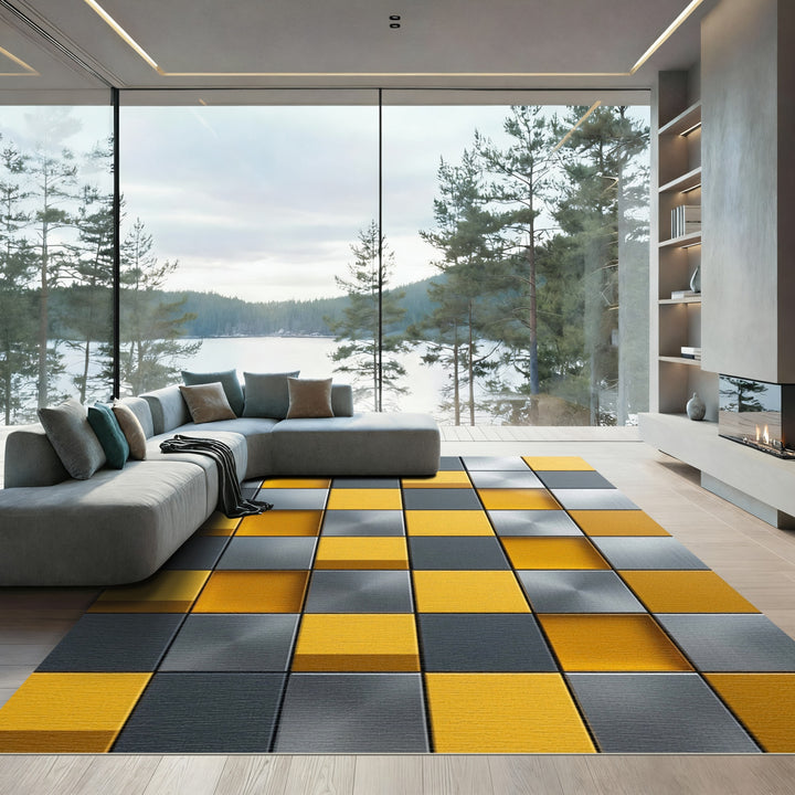 Modern Yellow Gray Metallic Squares Rug
