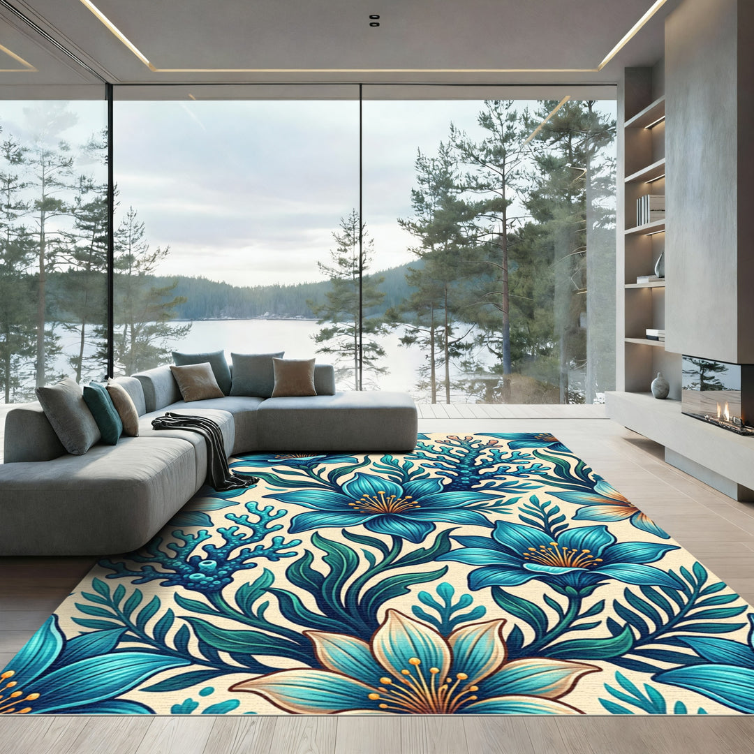 Oceanic Teal Floral Coral Rug
