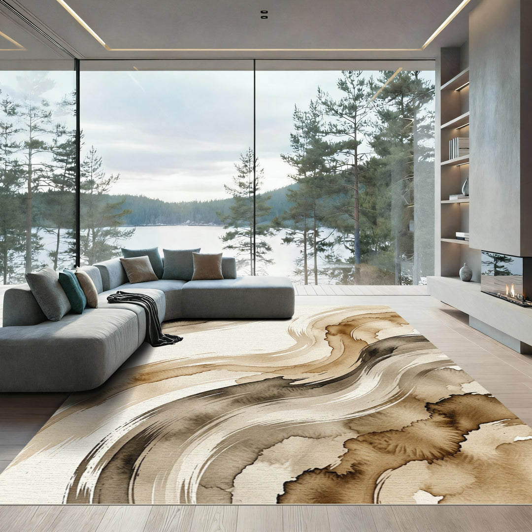 Whimsical Brown Brushstroke Abstract Rug