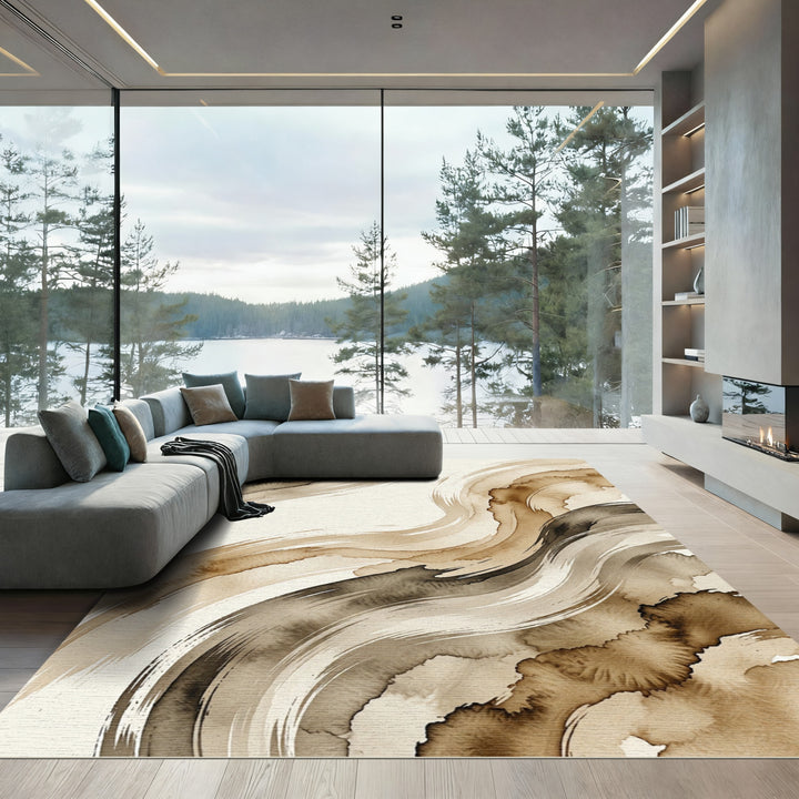Whimsical Brown Brushstroke Abstract Rug