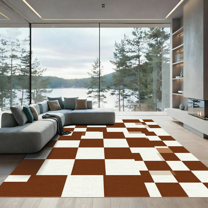 Brown White Checkerboard Geometric Squares Rug
