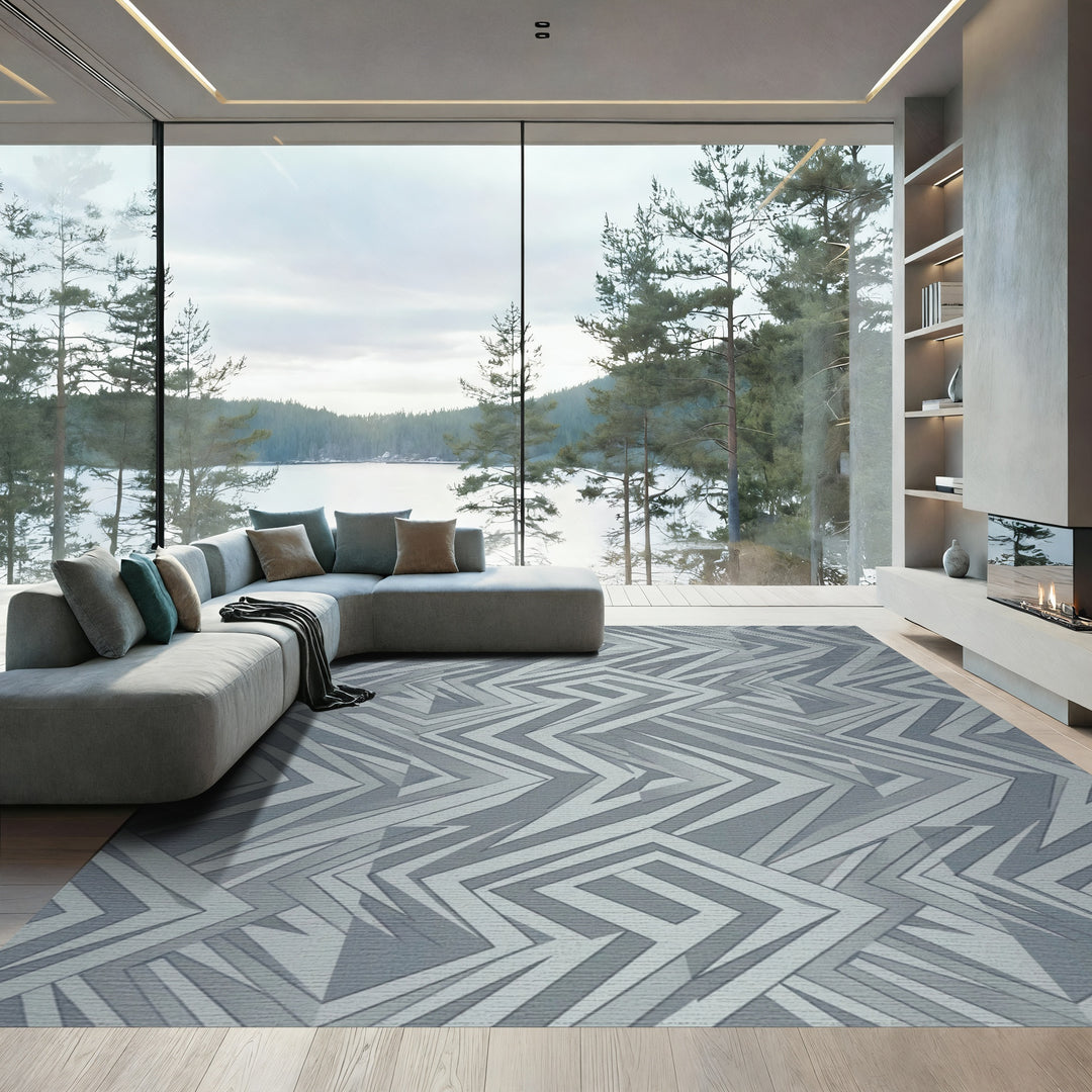 Gray Jagged Geometric Maze Rug