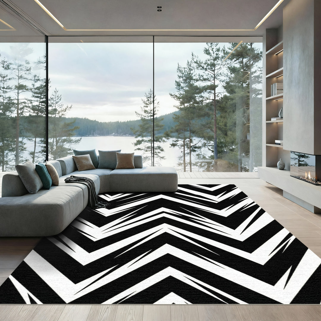 Bold Black White Geometric Zigzag Rug