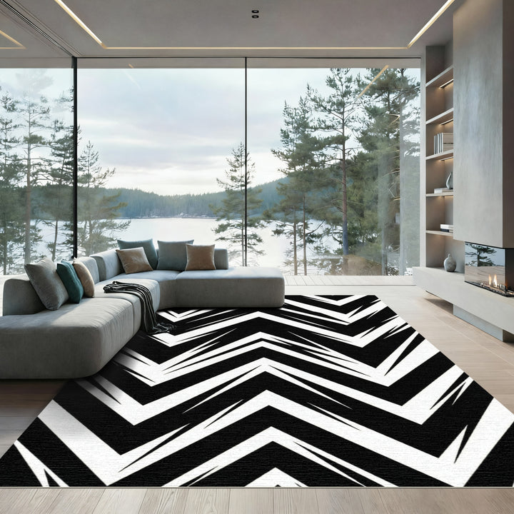 Bold Black White Geometric Zigzag Rug