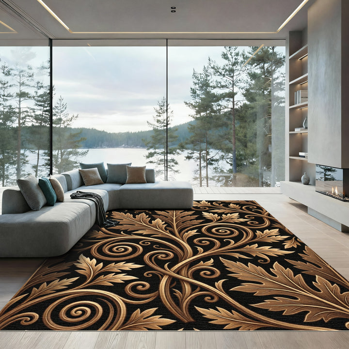 Golden Acanthus Leaf Scrollwork Black Rug