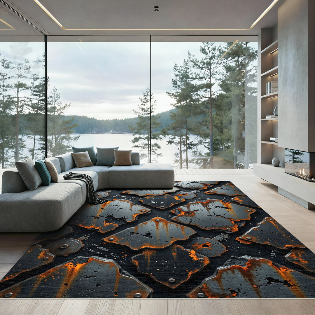 Rusty Metal Industrial Geometric Tiles Rug