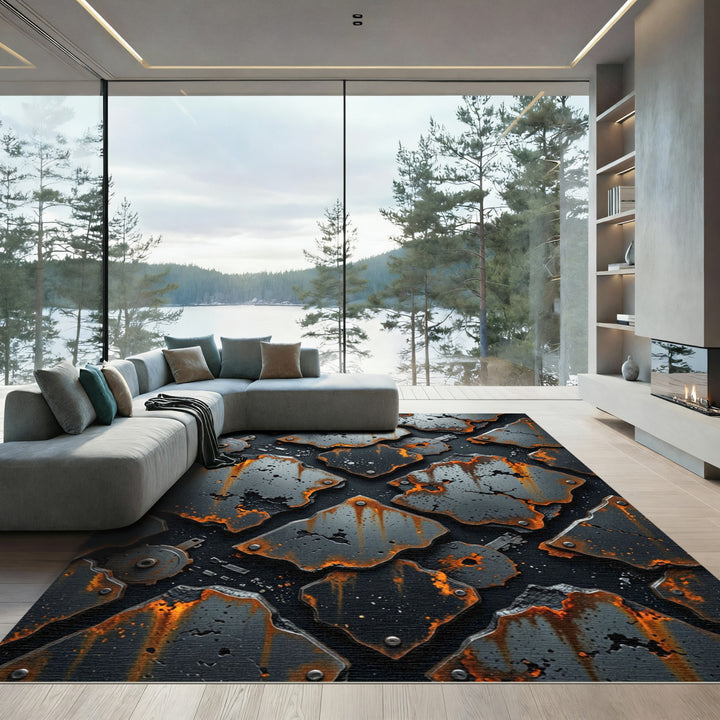 Rusty Metal Industrial Geometric Tiles Rug