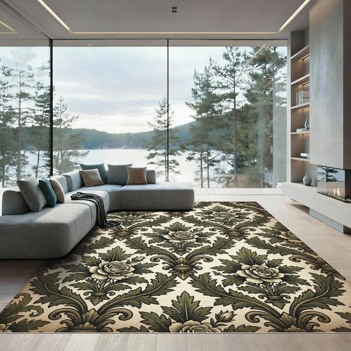 Elegant Green Floral Damask Rug