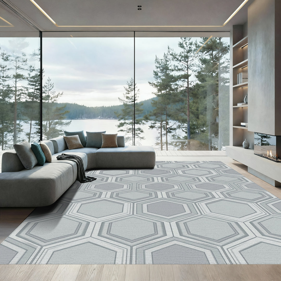 Cool Gray Layered Hexagon Grid Rug
