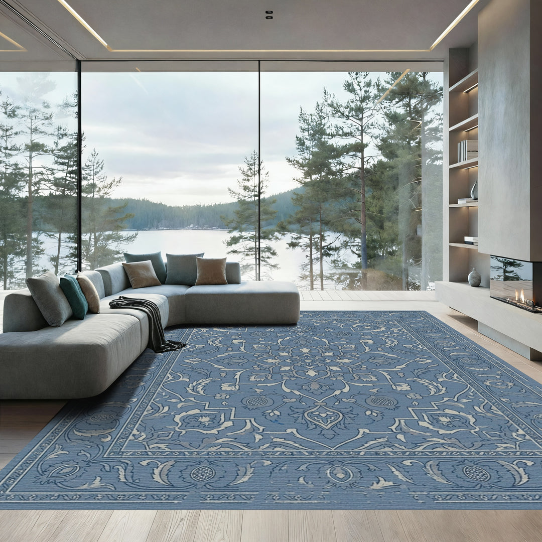 Classic Blue Floral Medallion Frame Rug