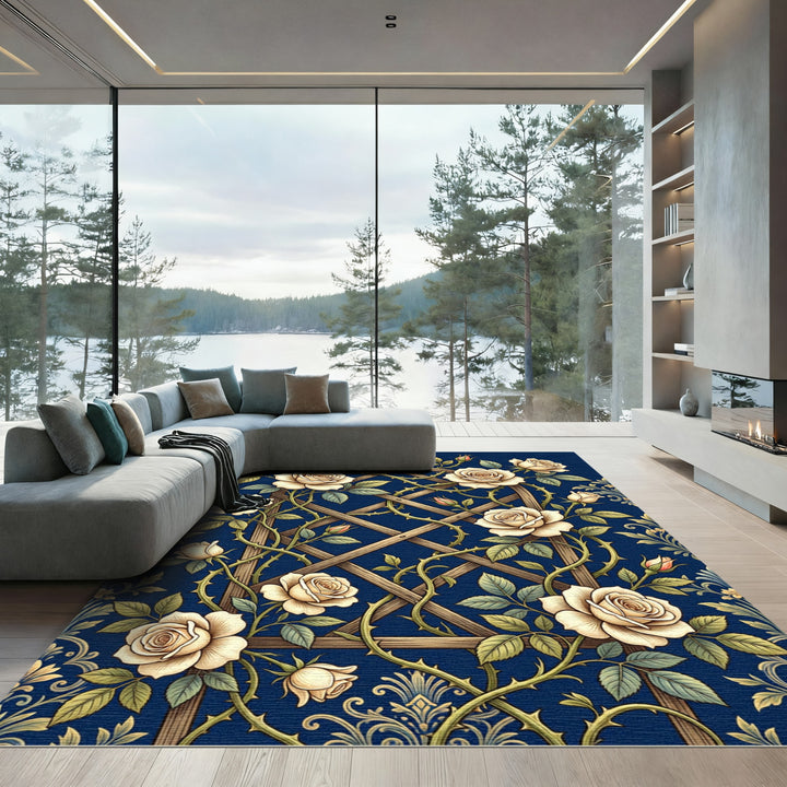Cream Roses Lattice Indigo Area Rug