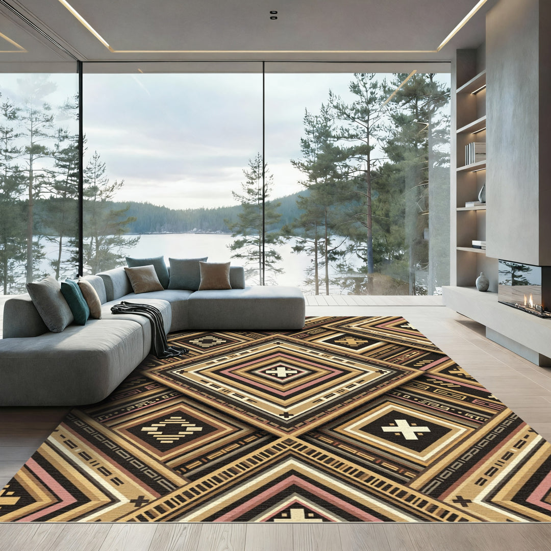 Geometric Gold Ivory Pink Diamond Rug