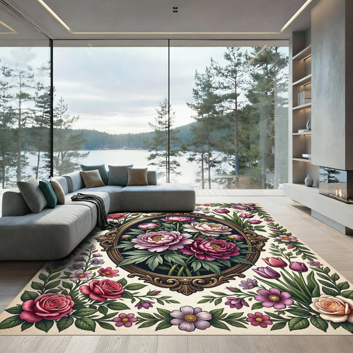 Vintage Oval Floral Wreath Rose Rug