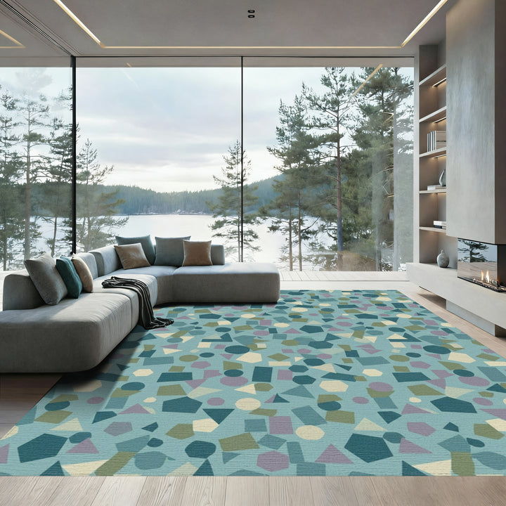 Abstract Geometric Shapes Teal Rug