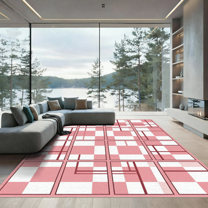 Crimson White Geometric Grid Overlay Rug