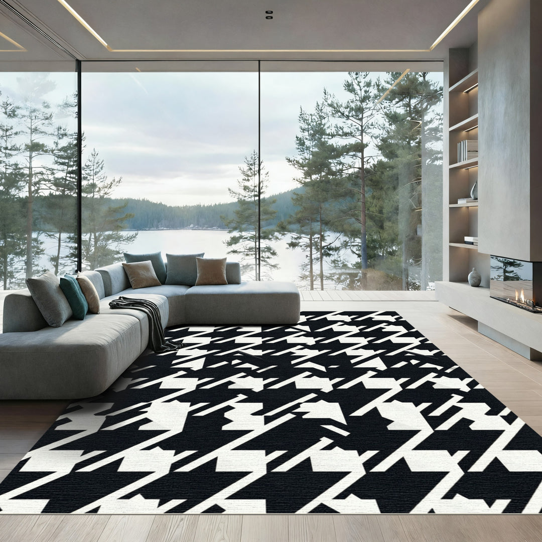 Black White Houndstooth Geometric Dash Rug