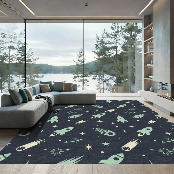 Retro Space Rockets Comets Stars Rug