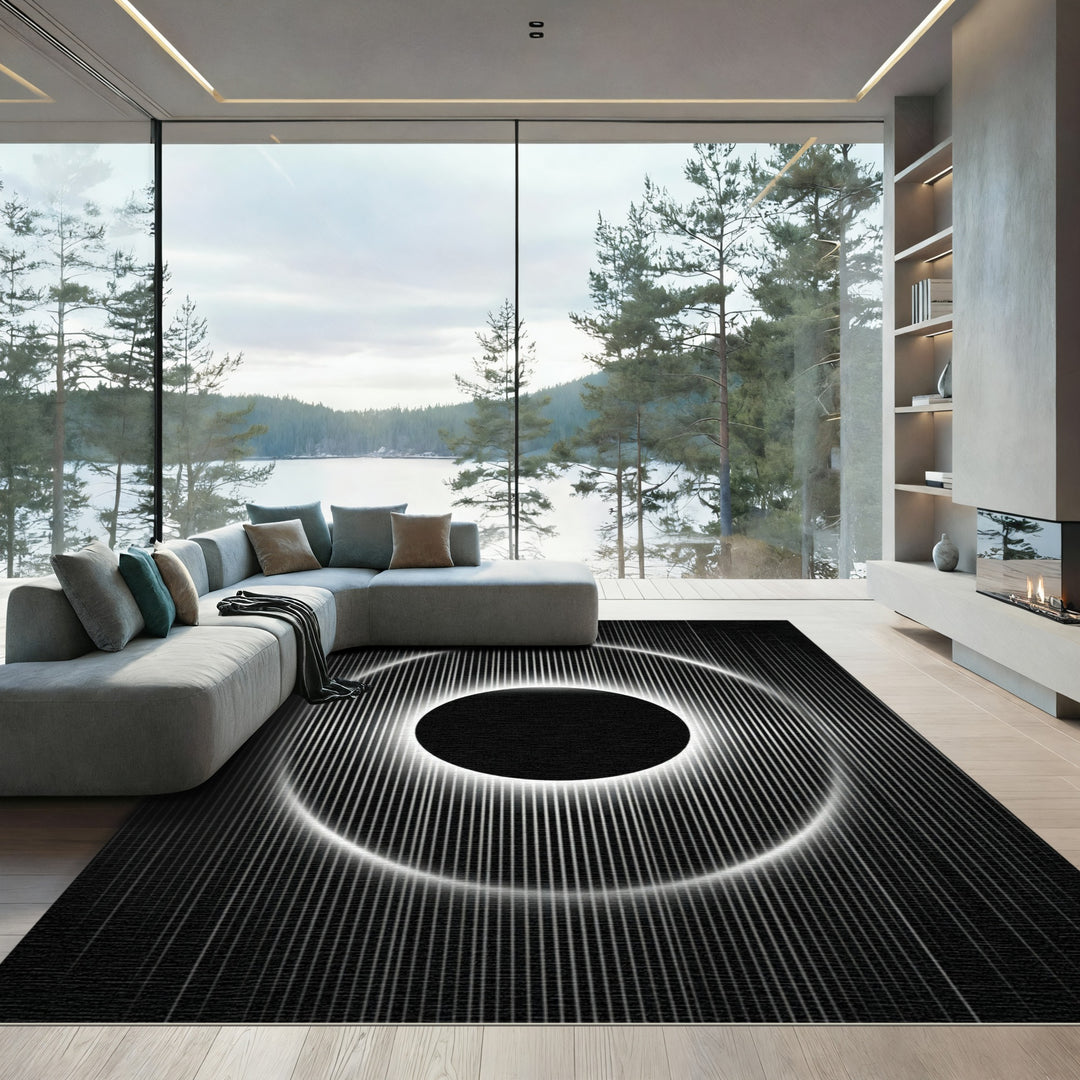 Black White Radial Eclipse Rings Rug