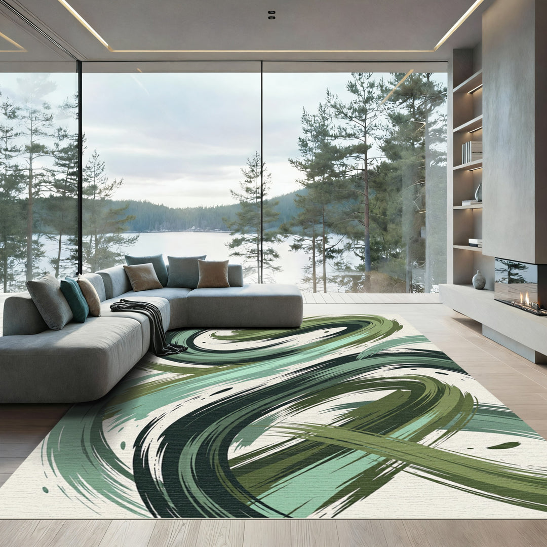 Abstract Green Brush Stroke Swirls Rug