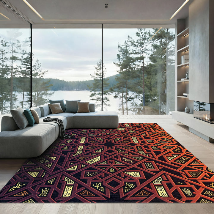 Red Black Geometric Interlocking Pattern Rug