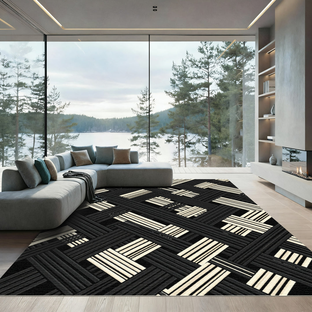 Black Cream Woven Intersecting Lines Rug