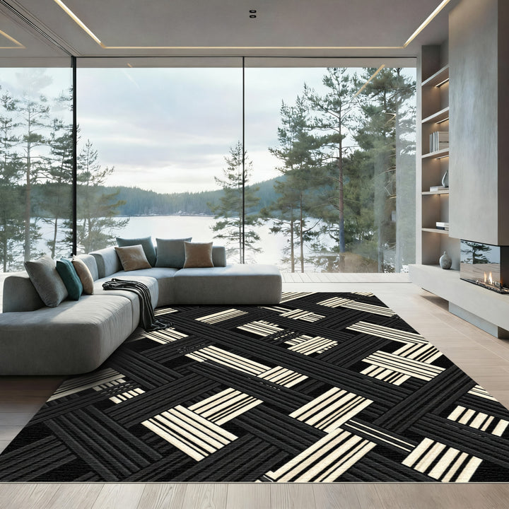 Black Cream Woven Intersecting Lines Rug