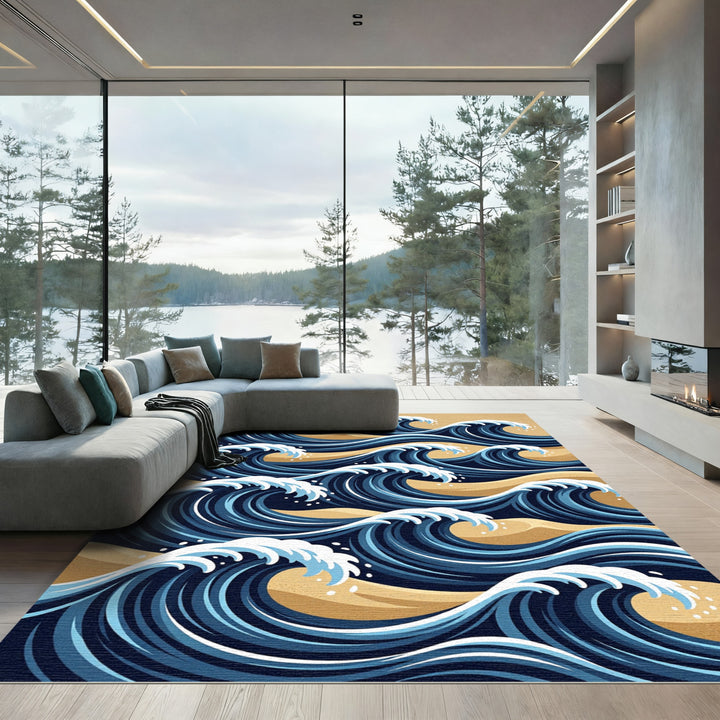 Deep Ocean Blue Nautical Wave Rug