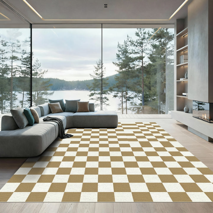 Gold and Cream Checkerboard Field Rug
