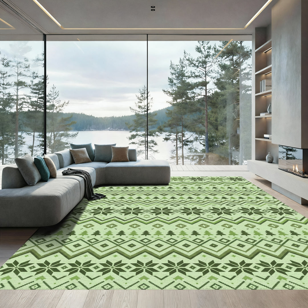 Forest Green Nordic Snowflake Stripe Rug