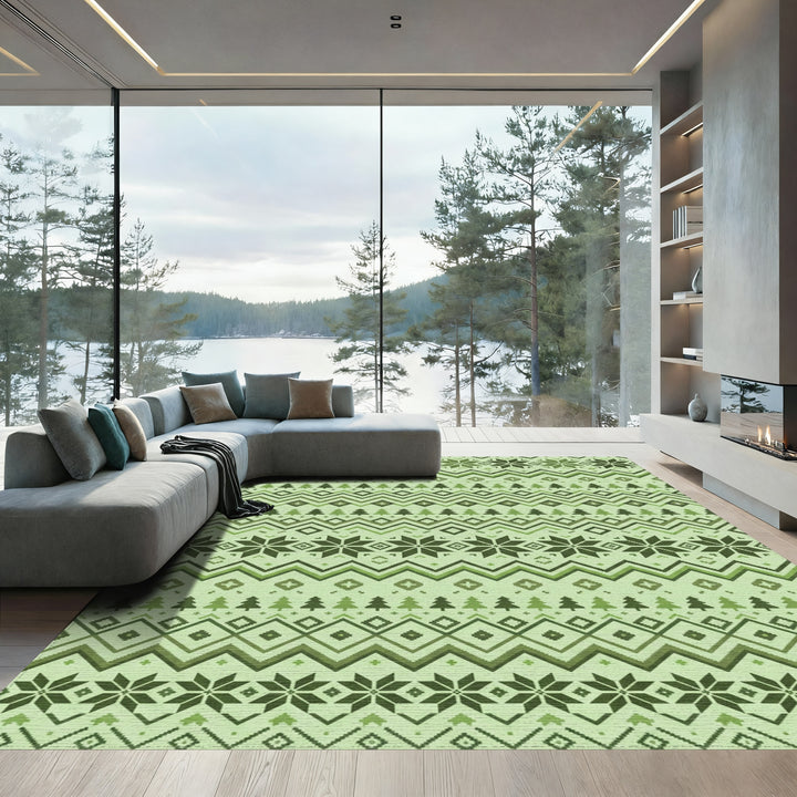 Forest Green Nordic Snowflake Stripe Rug